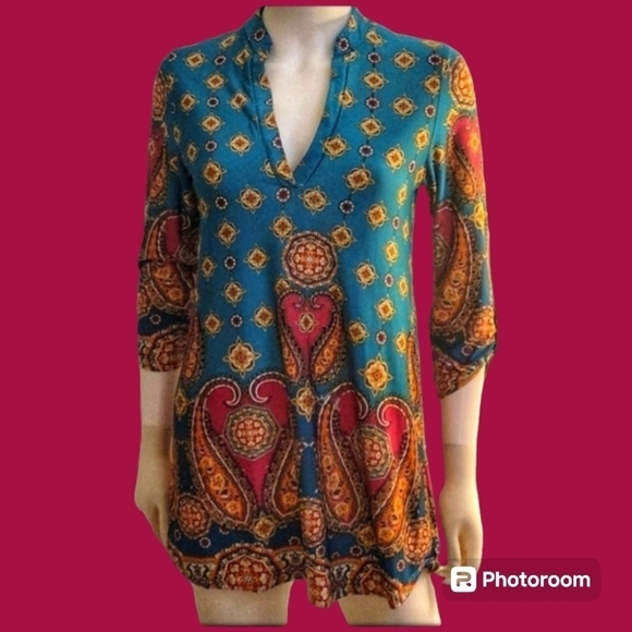 3/$30 NOW N FOREVER Turquoise Paisley Split Neck Half Sleeve Tunic Blouse - Picture 1 of 8